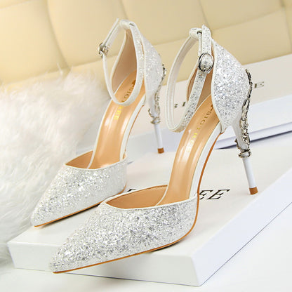 283-A5 2025 sexy hollow women's shoes metal decorative high heel shallow mouth pointed sequins word with hollow sandals