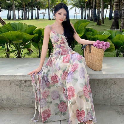 2025 Sanya travel wear irregular print suspender dress women summer super fairy thin seaside vacation long skirt