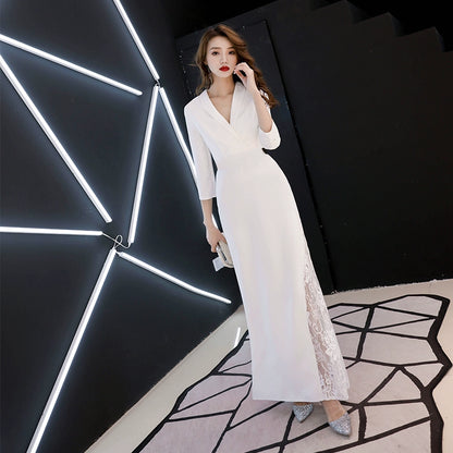 White high-end banquet evening dress dress women's simple, generous and noble long high-end textured temperament celebrity dress