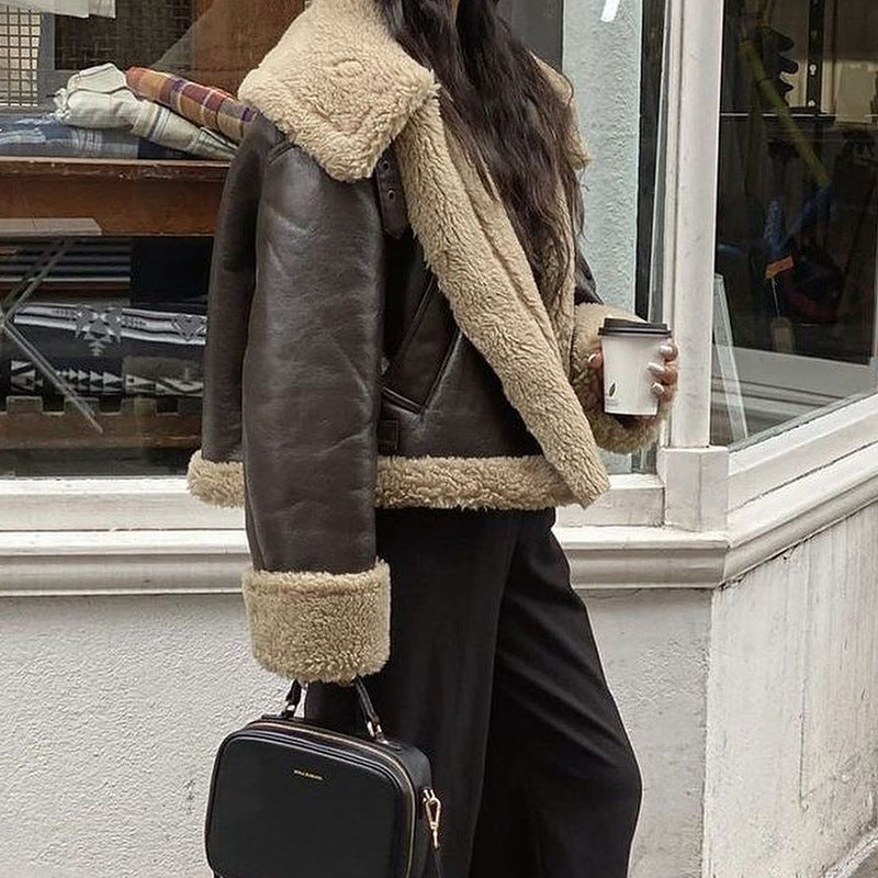 maoxiangshop outfit Winter New European Fashion Maillard Style Fur Motorcycle Jacket Jacket