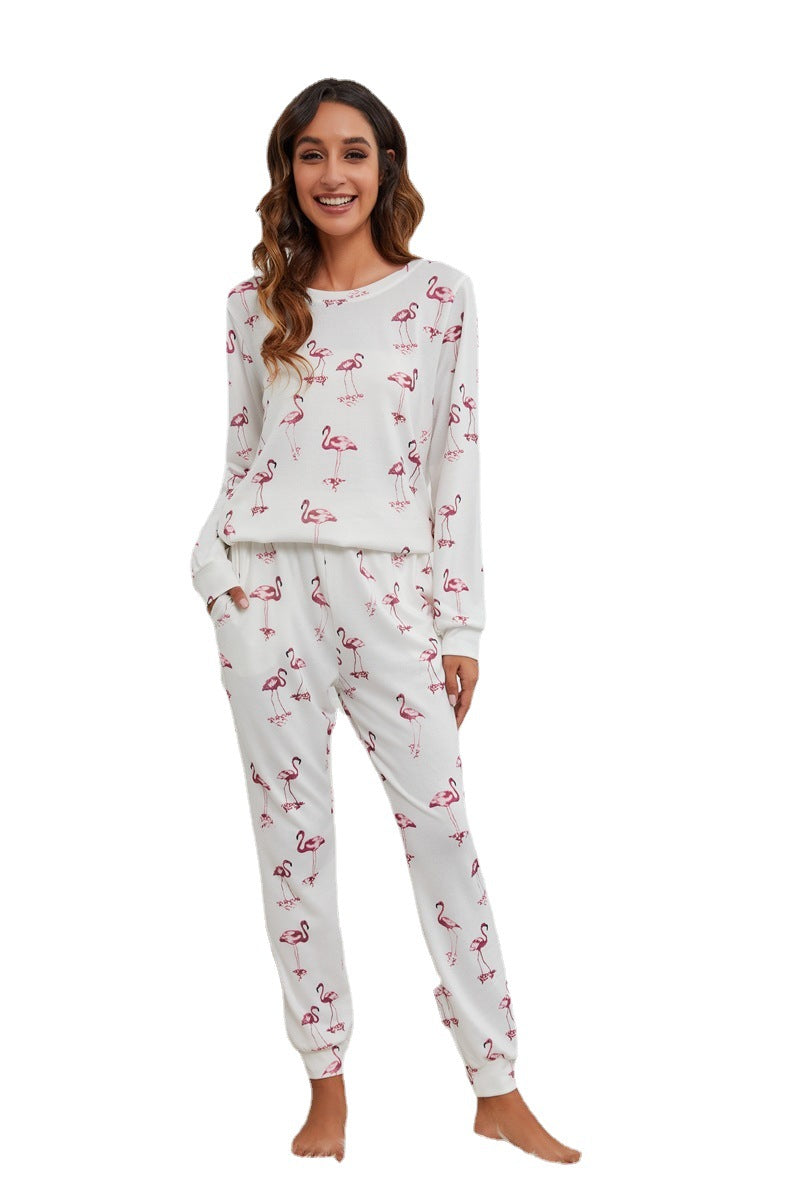 MAOXIANGSHOP 2025Spring and summer new  wish swan print round neck long sleeve pocket trousers casual suit home pajamas women