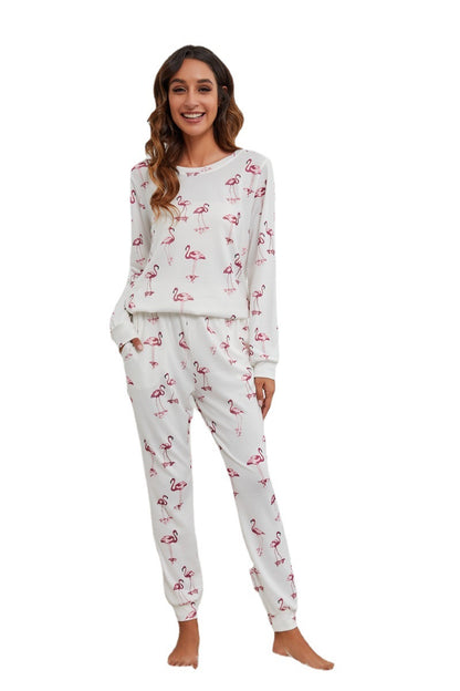 MAOXIANGSHOP 2025Spring and summer new  wish swan print round neck long sleeve pocket trousers casual suit home pajamas women
