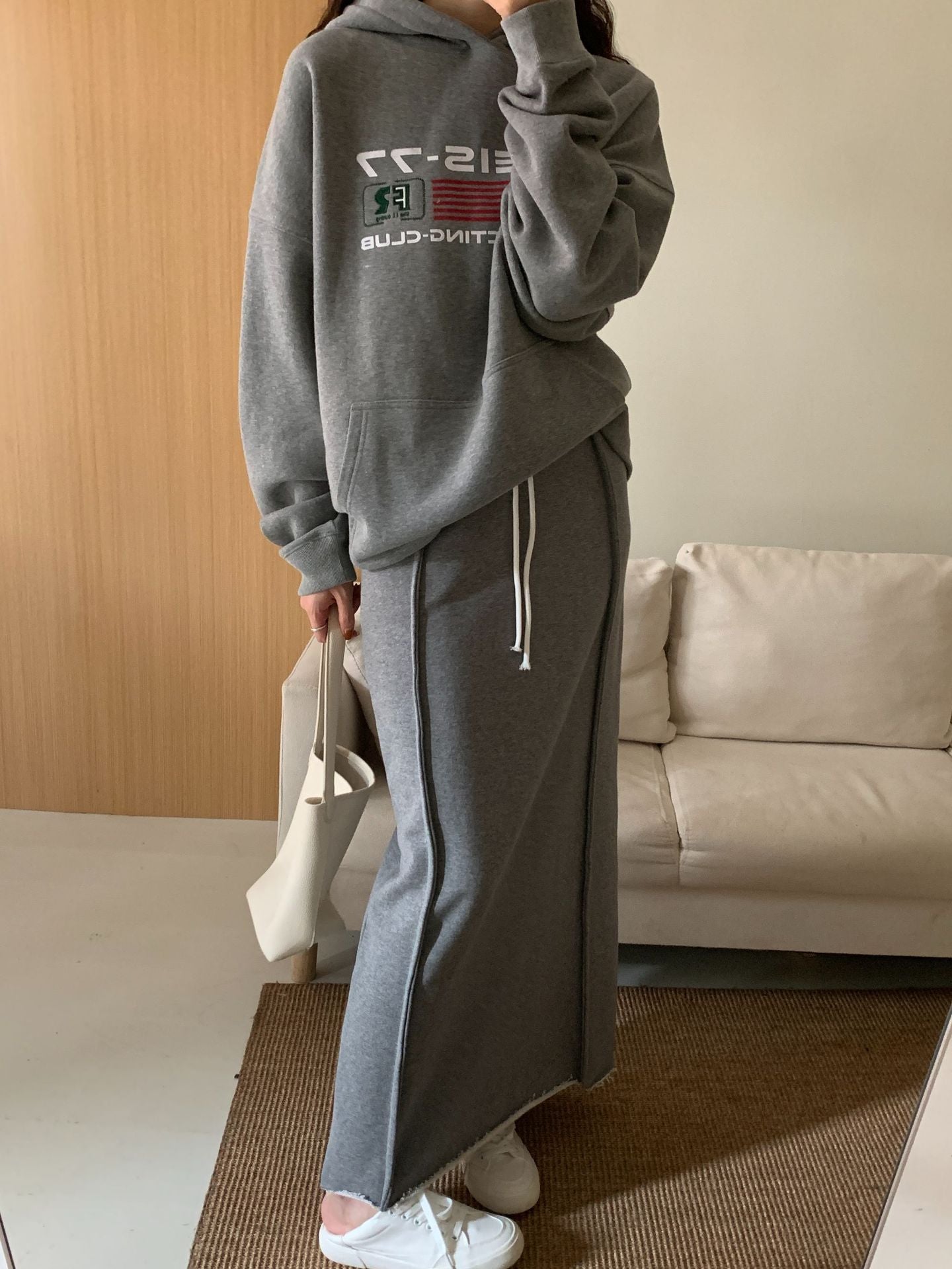 maoxiangshop  -  2024 Spring Autumn New Fashion High Waist Cotton Long Skirt Elastic Waist Solid Color Casual Basic Drawstring Straight Skirt