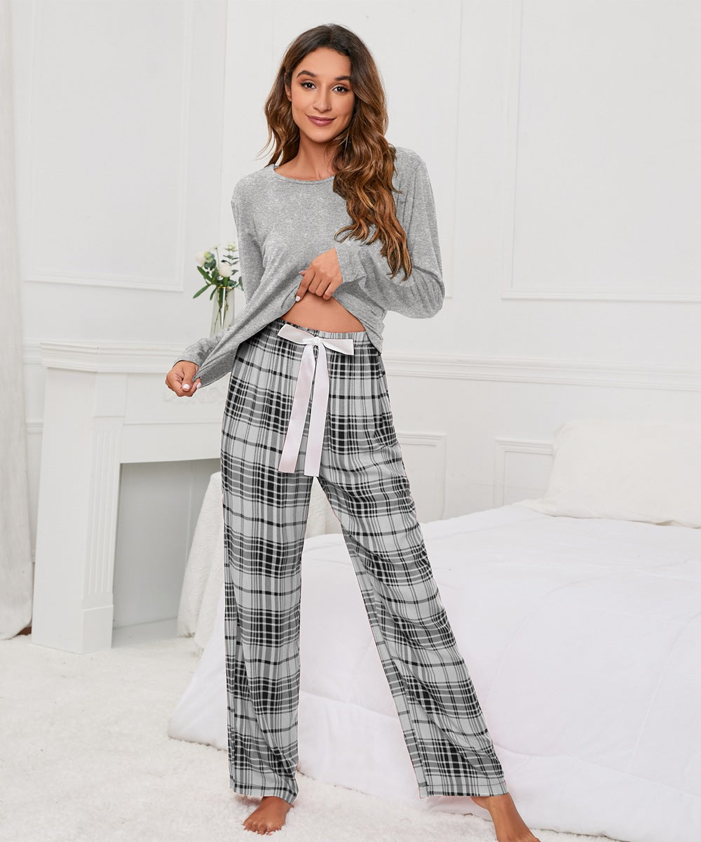 MAOXIANGSHOP 2025Real new products, 2025 New independent stations, solid color round neck T plaid printing women's casual set, loungewear pajamas, women
