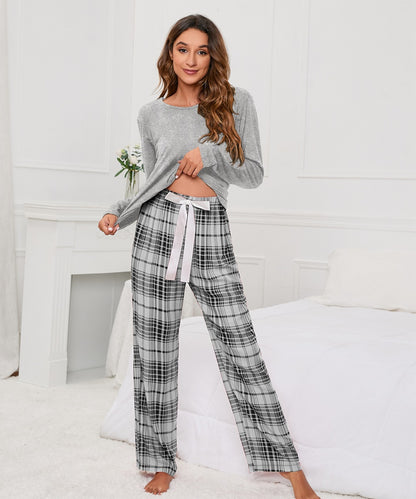 MAOXIANGSHOP 2025Real new products, 2025 New independent stations, solid color round neck T plaid printing women's casual set, loungewear pajamas, women