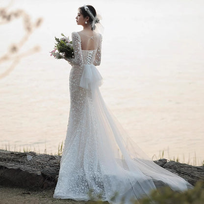 light wedding dress 2025 new bridal temperament simple dress princess style fishtail travel photo wedding dress
