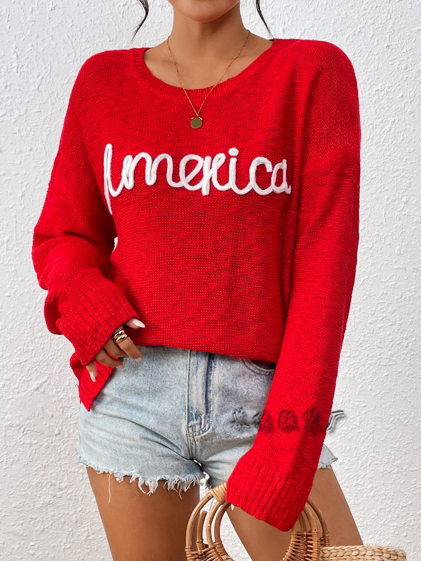 MAOXIANGSHOP New Europe and America  Women's Knitted Sweater Crew Neck Long Sleeve America Independence Day Letter Fashion Versatile Sweater