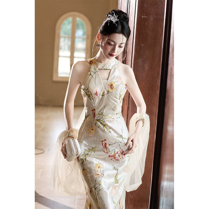Fishtail flower evening dress women's  new high-end engagement toast dress high-end light luxury niche slim