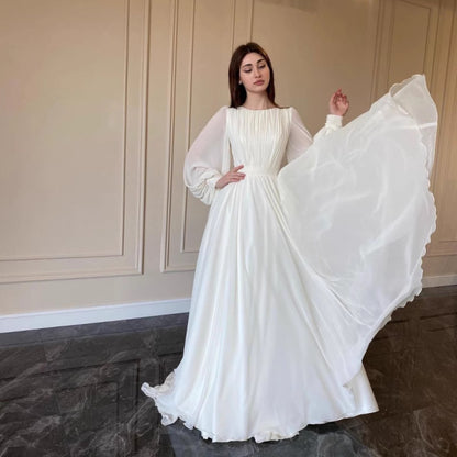 MAOXIANGSHOP 2025 Cross-border Hot Trade Spring and Autumn New Lantern Sleeve Pearlescent Dress White Wedding Dress Crew Neck Dress Long Sleeve Dress