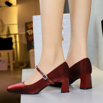 6295  small fragrant wind square head rhinestone one word with satin women's shoes thick heel medium heel light mouth comfortable and thin single shoes