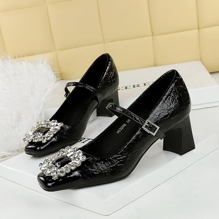 5298-K90 Mary Jane Women's Shoes Banquet 2025 style light mouth square head color matching metal rhinestone buckle one-word belt single shoes