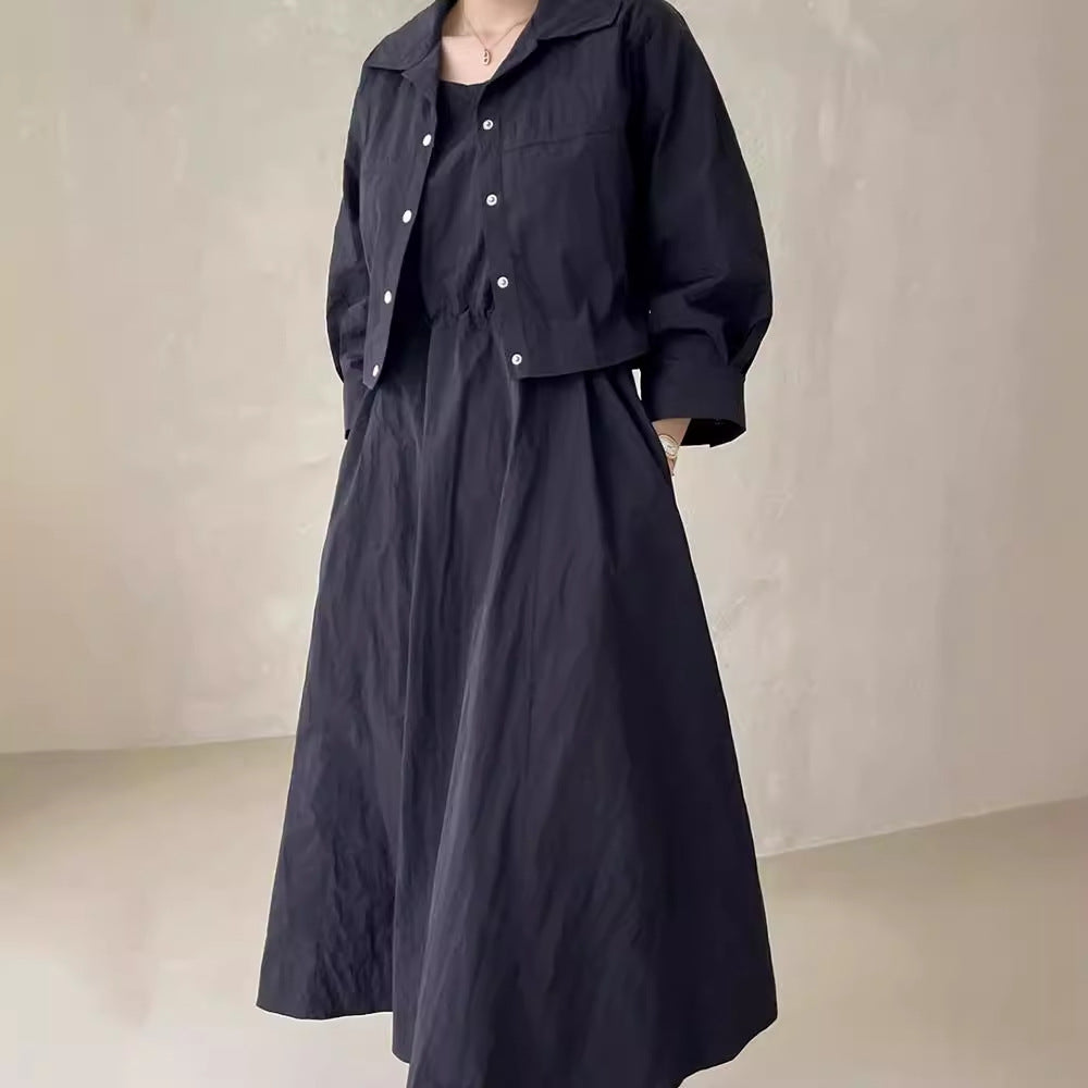 maoxiangshop-shop church outfit Chic Autumn Retro Elegant Drawstring Waist Strap Dress + Loose All-Match Long Sleeve Short Coat for Women