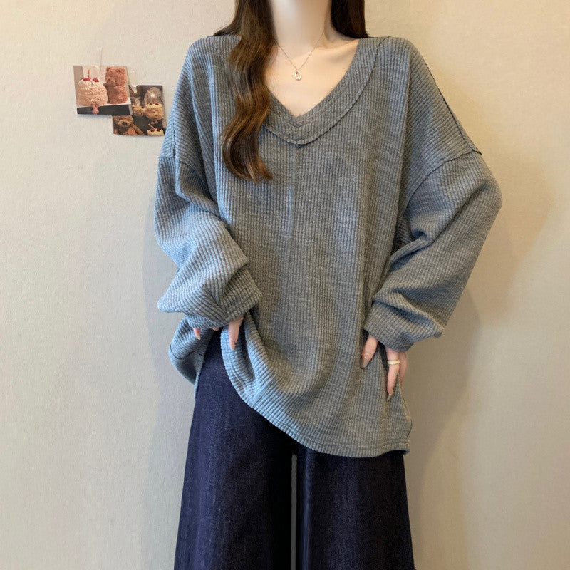 maoxiangshop grunge outfits Plus Size Pit V-neck Long-Sleeved Top for Women 2024 Autumn New Loose Slimming Fashionable Bottoming T-shirt
