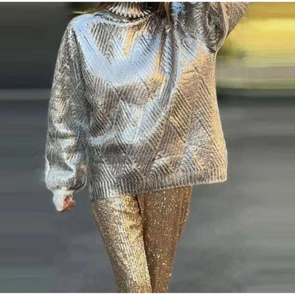 MAOXIANGSHOP 2025 Metal turtleneck knitted sweater  New hot-selling women's long-sleeved thermal casual pullover sweater