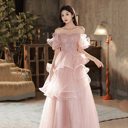 evening dress women's 2025 new temperament celebrity style presiding over art examination super fairy pink engagement banquet dress