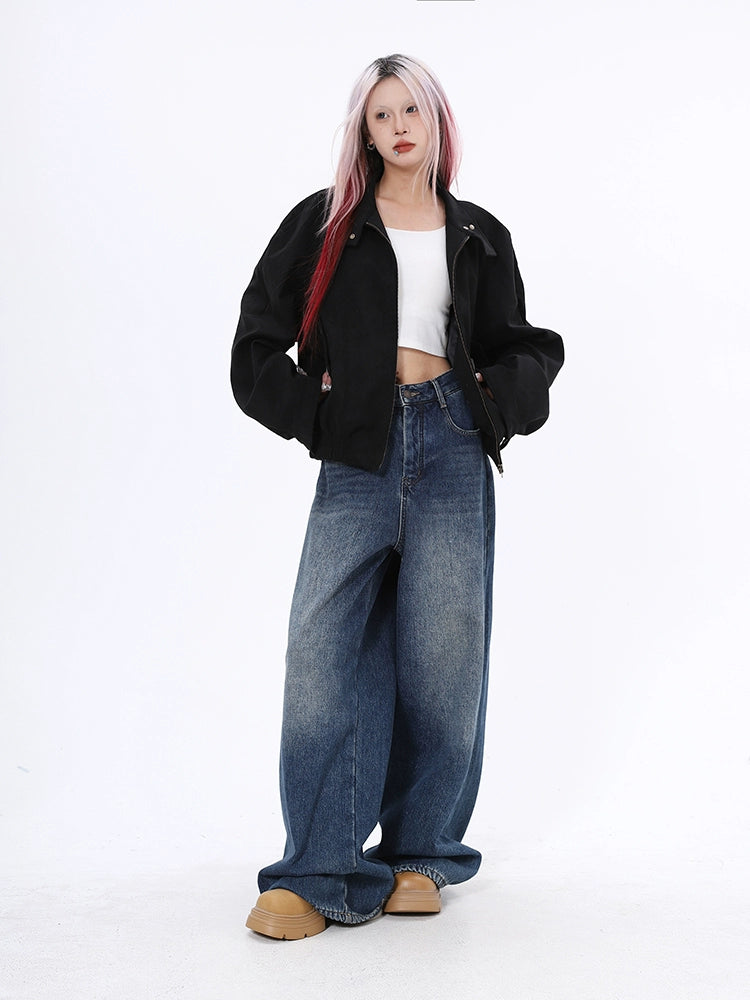 2025n retro black stand-up collar short flight jacket loose warm windproof high-end top coat women