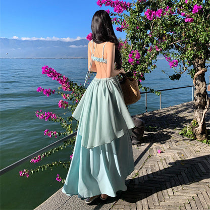 2025 Mint Green Vacation Fairy Suspender Dress Summer Beauty Neck Seaside Vacation Halter Dress Dress