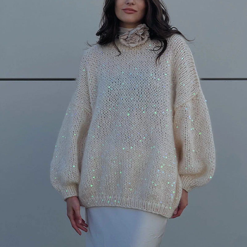 MAOXIANGSHOP 2025 Fashion sequined mohair sweater 2023  New new product loose round neck lantern sleeve pullover knitted sweater