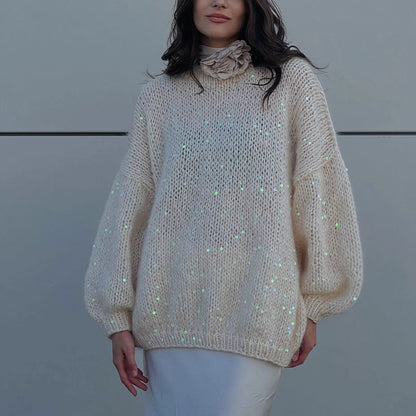 MAOXIANGSHOP 2025 Fashion sequined mohair sweater 2023  New new product loose round neck lantern sleeve pullover knitted sweater