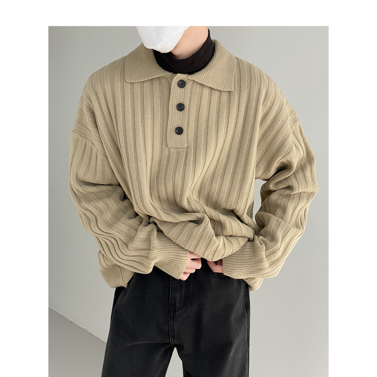 maoxiangshop-shop men fall outfits casual Polo Collar Sweater Men's Loose Casual Lapel Pit Striped Sweater Autumn and Winter New Korean Style Trendy Sweater