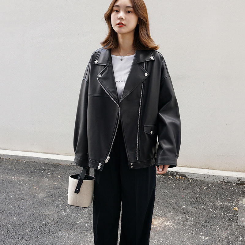 maoxiangshop fall outfits women Korean Style Casual Loose Black Motorcycle PU Leather Coat Women's Spring and Autumn Versatile Slimming plus Size Leather Jacket