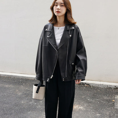 maoxiangshop fall outfits women Korean Style Casual Loose Black Motorcycle PU Leather Coat Women's Spring and Autumn Versatile Slimming plus Size Leather Jacket