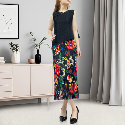 Fashion light luxury women's clothing summer black printing retro fringed hip skirt sleeveless T-shirt two-piece set