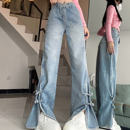 maoxiangshop 2000s fashion Retro High Waist Split Jeans for Women Spring and Autumn Trendy Ins New Slimming Wide Leg Pants