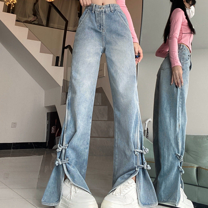 maoxiangshop 2000s fashion Retro High Waist Split Jeans for Women Spring and Autumn Trendy Ins New Slimming Wide Leg Pants
