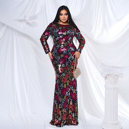 2025 Popular trade Popular,  and the United States fat mm large size women's clothing long-sleeved round neck banquet sexy sequined evening dress dress