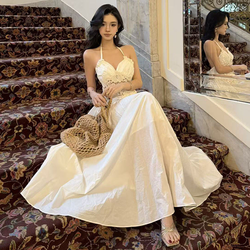 White lace hollowed-out neck sling dress, summer seaside vacation style, unique and beautiful waist A-word long dress