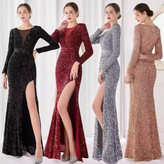 MAOXIANGSHOP popular New solid color chest wrap sequined high waist temperament commuting sweet long dress waist long dress split dress