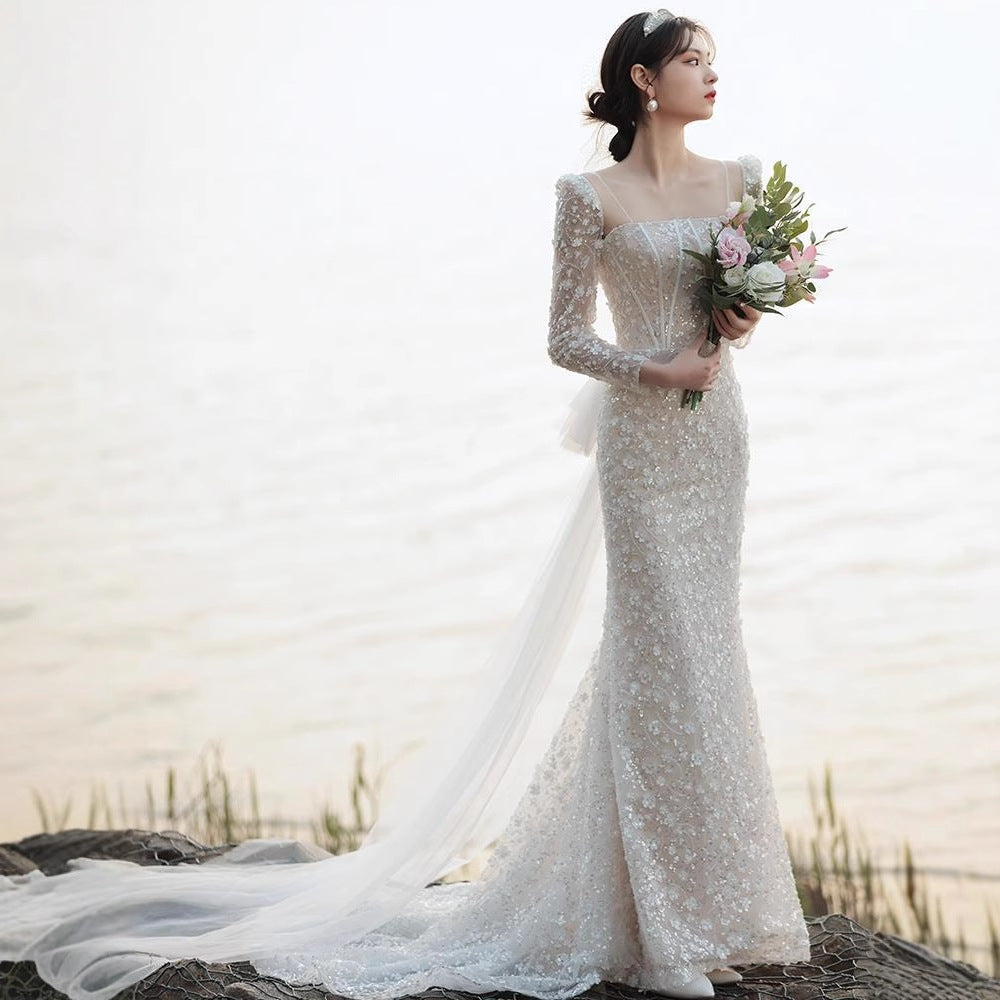 light wedding dress 2025 new bridal temperament simple dress princess style fishtail travel photo wedding dress