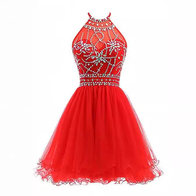 maoxiangshop-shop dresses Slim-Fit Small Dress Halter Short Bridal Wedding Dress Banquet Evening Dress Lace New Red Women