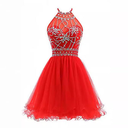 maoxiangshop-shop dresses Slim-Fit Small Dress Halter Short Bridal Wedding Dress Banquet Evening Dress Lace New Red Women