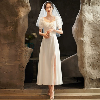 2025 Small white evening dress dress female banquet socialite light temperament engagement dress registration usually wear satin women