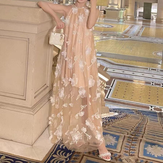 2025 sleeveless neck off-the-shoulder dress women's summer design sense gentle temperament three-dimensional flower dress
