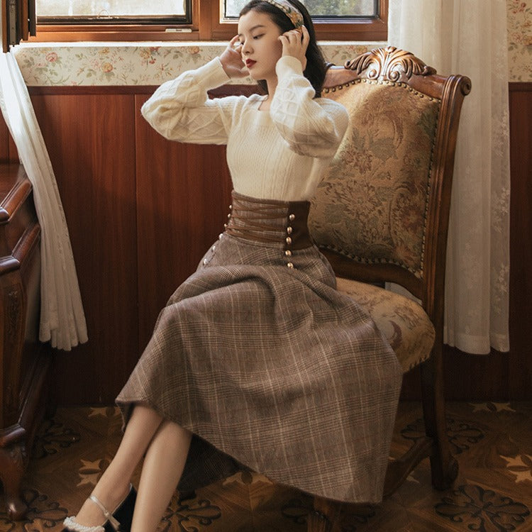 maoxiangshop 2000s fashion Autumn and Winter New Twist Square Collar Long Sleeve Thick Sweater + Lace Plaid Woolen Skirt Two-Piece Set
