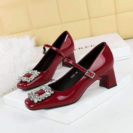 6292-K90 2025 style Mary Jane shoes women's thick heel shallow mouth square head bright patent leather rhinestone word belt single shoes women