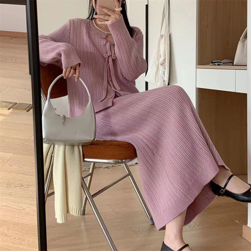 maoxiangshop-shop comfy school outfits Autumn and Winter Wear Two-Piece Women's Korean-Style Elegant Bottoming Knitted Dress + Lazy Sweater Coat Lace-up Top