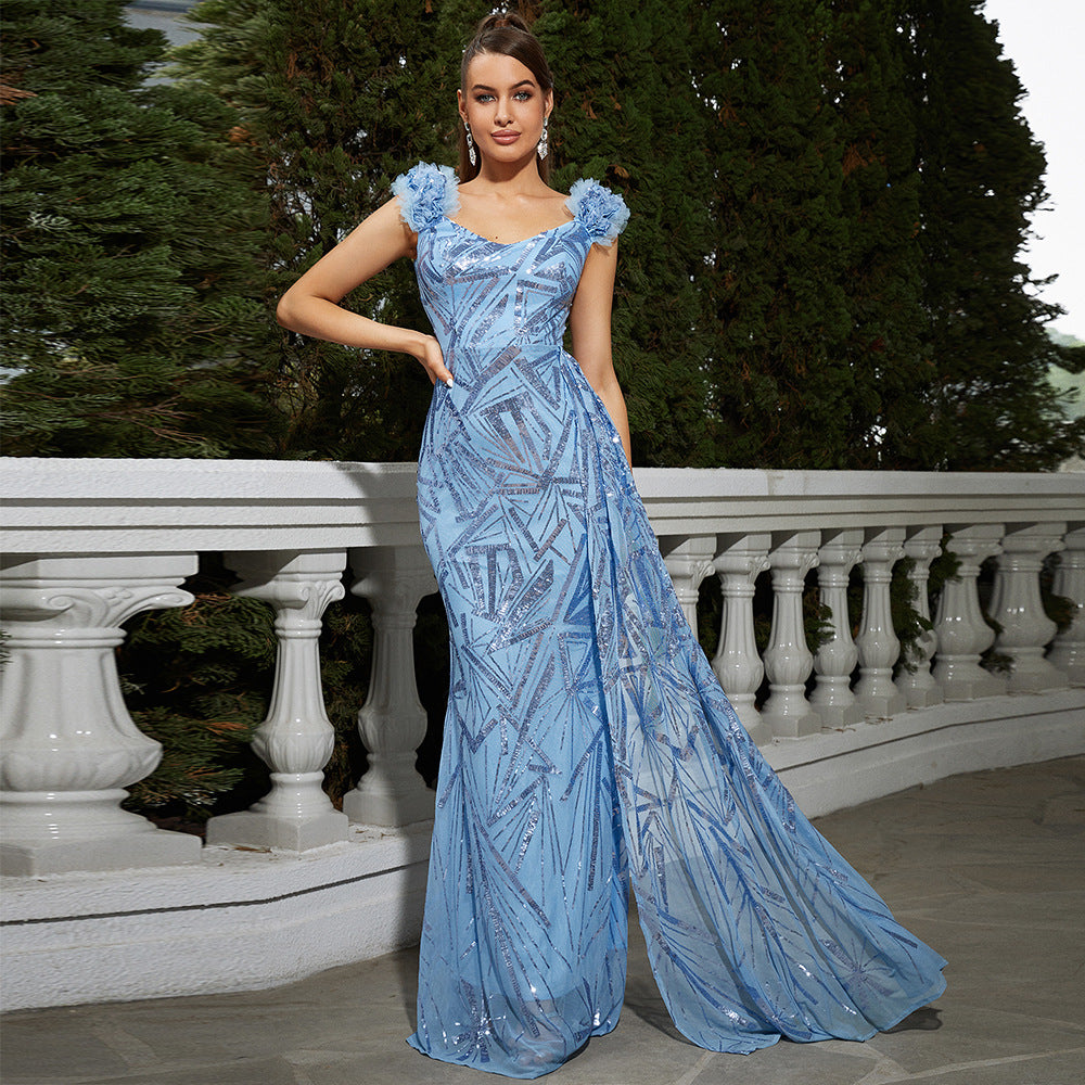 2025 sleeveless temperament square collar sexy long sequined banquet fishtail evening dress bridesmaid dress women