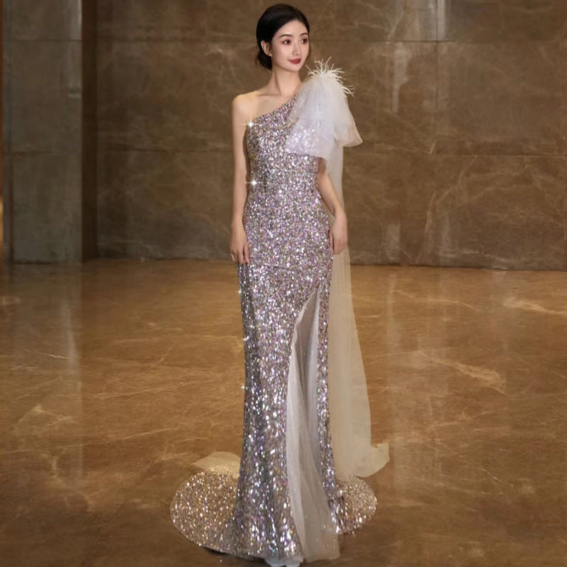 New toasting clothes haute couture light luxury evening dress women New feeling single shoulder fishtail sequins formal settings host skirt