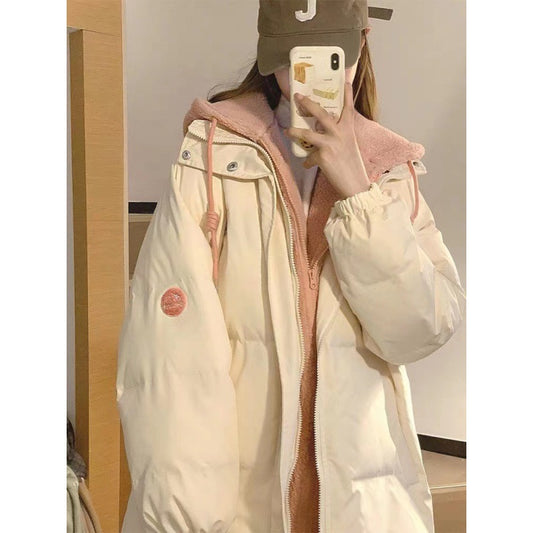 Lamb wool splicing fake two pieces thickened hooded down cotton clothes women's 2023 winter new couple cotton coat