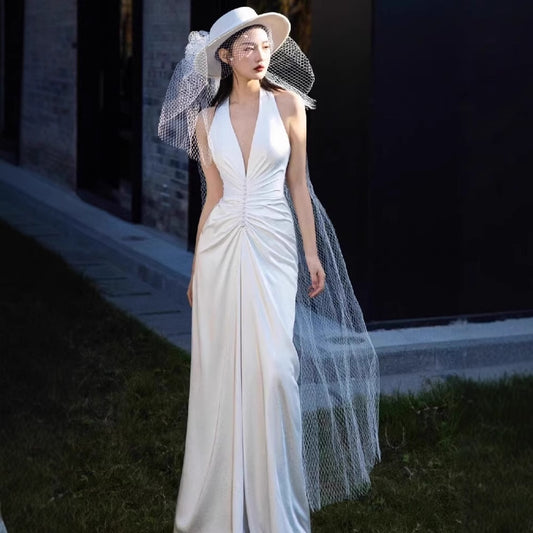 2025 light wedding dress slim bride wedding welcome v-neck sexy travel photography simple annual meeting dinner neck dress