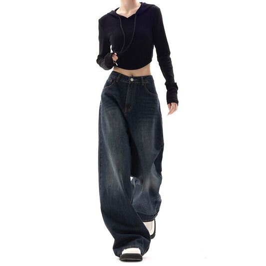 maoxiangshop-shop picture day outfit American Retro Street Wide-Leg Pants Design Sense Niche Blue Mopping Pants High Waist Loose High Waist Jeans for Women