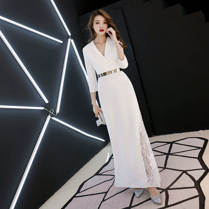 White high-end banquet evening dress dress women's simple, generous and noble long high-end textured temperament celebrity dress