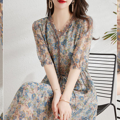 2025 Silk mulberry silk dress, coffee break  floral skirt women's clothing, summer small temperament waist A-shaped skirt