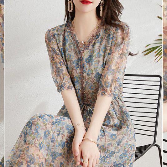 2025 Silk mulberry silk dress, coffee break  floral skirt women's clothing, summer small temperament waist A-shaped skirt