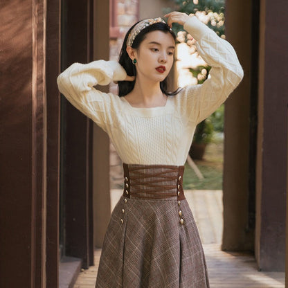 maoxiangshop 2000s fashion Autumn and Winter New Twist Square Collar Long Sleeve Thick Sweater + Lace Plaid Woolen Skirt Two-Piece Set