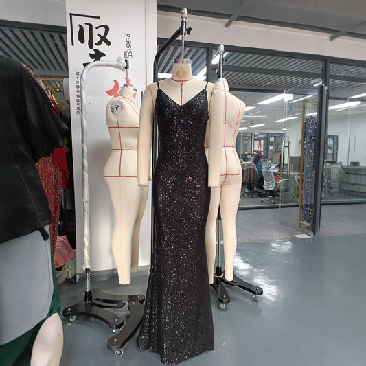 2025 [Not in stock, do not shoot] New high-end suspender slim-fit hip-wrapped banquet sequined fishtail evening dress dress
